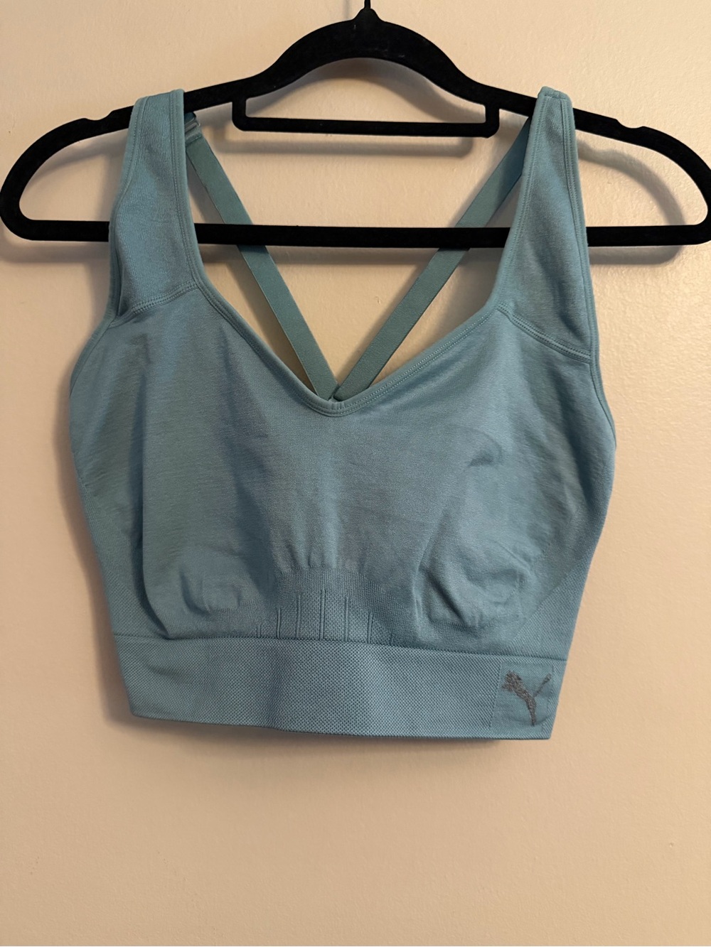 Puma Light Aqua Seamless V-Neck Sports Bra with Crisscross Back
